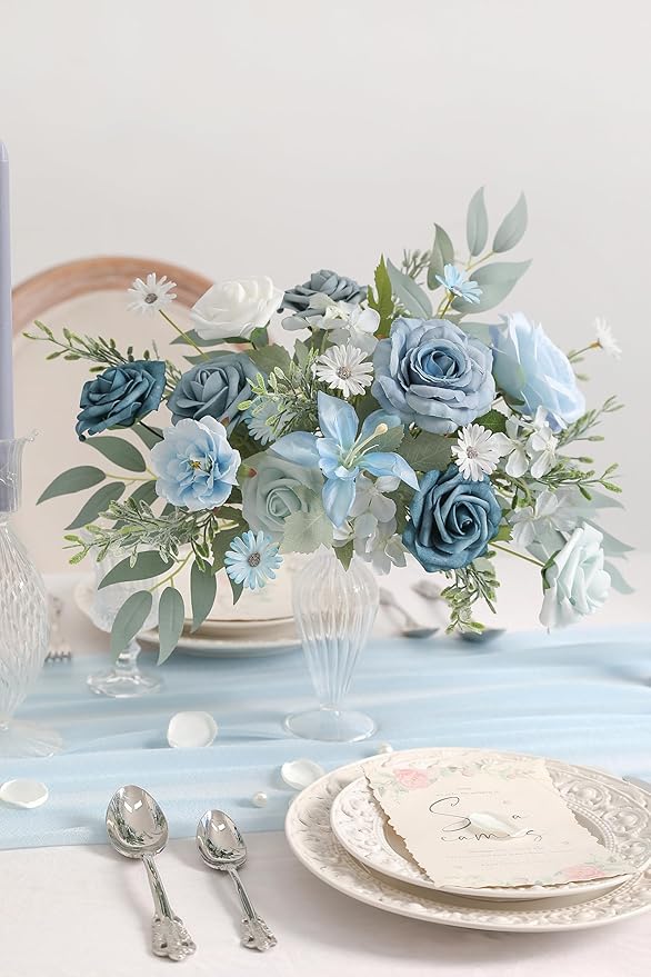 Blue Artificial Flowers Silk Fake Roses Peonies Greenery Combo Box Set for DIY Wedding Bouquets Bridal Shower Centerpieces Floral Arrangements Party Tables Home Decoration