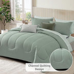 Monbix Full Comforter Set - 7 Pieces Sage Green Bed in a Bag Full Size Track Stitching Bedding Sets, All Seasons Down Alternative Comforter with Sheets,Pillowcases & Shams