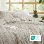 Bedsure Tufted Boho Comforter Set Oversized Queen - Linen Boho Bed Set, GentleSoft™ 3 Pieces Farmhouse Shabby Chic Embroidery Bedding, Gifts for Woman, Soft Jacquard Comforter for All Seasons