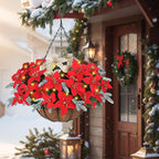 Florielle Artificial Fake Christmas Hanging Flowers Plants Basket with LED Lights, Faux Poinsettia, Pine Branches, for Outdoor New Year Xmas Decoration, Porch Home Holiday Decor (White)