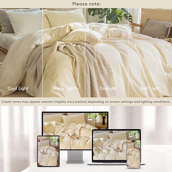MooMee Bedding Duvet Cover Set 100% Washed Cotton Linen Like Textured Breathable Durable Soft Comfy (Solid Cream White, Palatial King/Oversized King 120"x98")