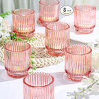 8 Pcs Large Lavender Votive Candle Holders, Tealight Ribbed Candle Holders Glass, Brildal Shower Table Decor,Wedding Centerpieces Table Decorations
