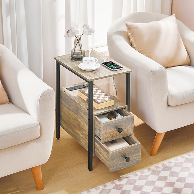 HOOBRO End Table with Charging Station, Narrow Side Table with 2 Drawer & USB Ports & Power Outlets, Nightstand for Small Spaces, for Living Room, Bedroom, Sapphire Brown UC541BZ01