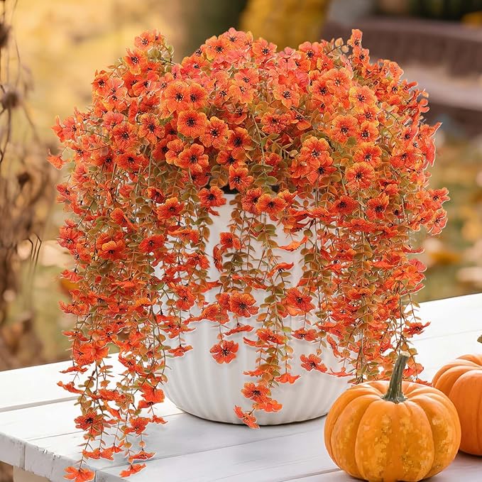 6 Pcs Artificial Hanging Mums Flowers Outdoor, Orange UV Resistant Fake Hanging Fall Plants for Outdoor Planter Patio Front Door Window Autumn Decoration (6, Orange)