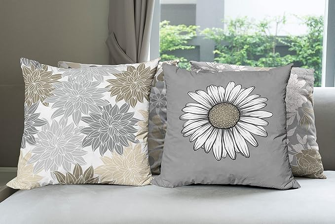 Ambesonne Floral Throw Pillow Cushion Case Pack of 4, Flower Petals Modern Color Palette Chamomile Peony Dahlia and Sunflower Print, Modern Accent Double-Sided Digital Printing, 24", Slate Brown Grey