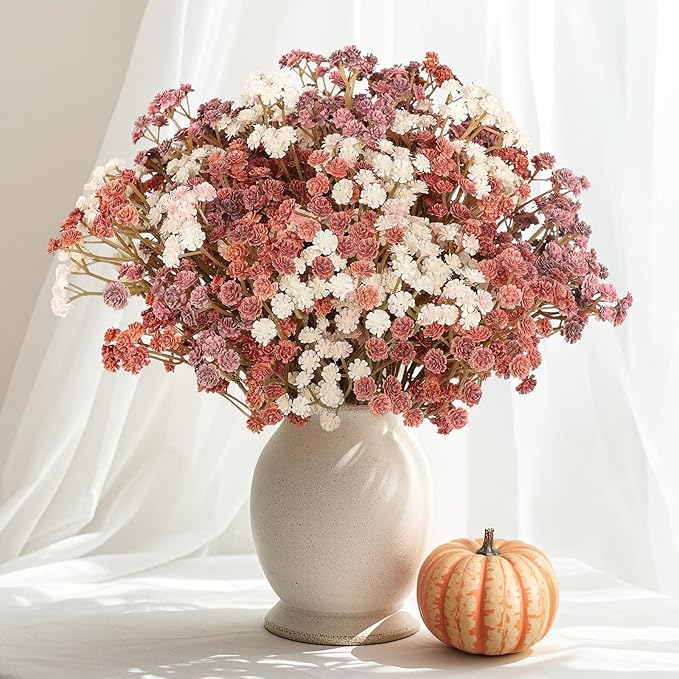 Baby Breath Flowers Fall Flowers Artificial Bulk, 10Pcs Fall Decor Fake Gypsophila Plants Bouquets Flowers Real Touch Faux Babies Breath Arrangement for Home Autumn Wedding Vase Decoration Fall Orange