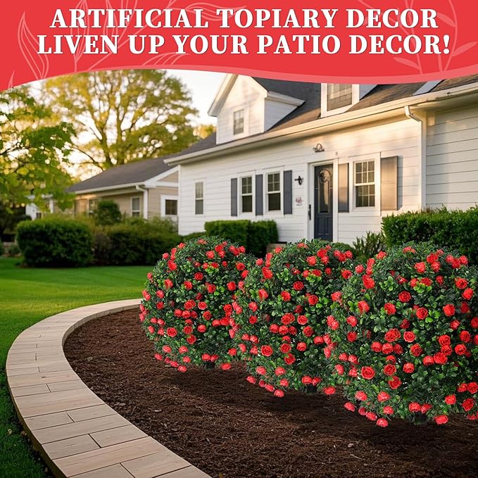 Artificial Boxwood Topiary Ball Trees with Red Rose, 2 Set of 16'' UV Resistant Fake Evergreen Shrubs Bushes Plants with Ground Spike Fake Plants for Outdoor Indoor Front Porch Garden