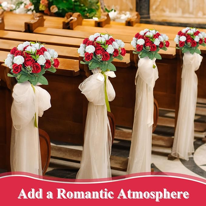 Zeyune 8 Pack 12 Inch Wedding Bouquets for Bride Bridesmaid Red and White Artificial Rose Bouquet Fake Silk Roses Flowers Bunches Bulk for Home Office Garden Parties Decoration