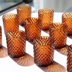 Woho 12pcs Amber Votive Candle Holders Vintage, Glass Tealight Candle Holder for Boho Wedding Table Centerpiece, Brown Tea Lights Candle Holder for Halloween Thanksgiving Decor