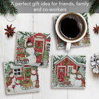 Thirstystone Snowman's Farmhouse 4 Pack Assorted Tumbled Tile Stone Coasters with Protective Cork Backing 4" Square Manufactured in The USA