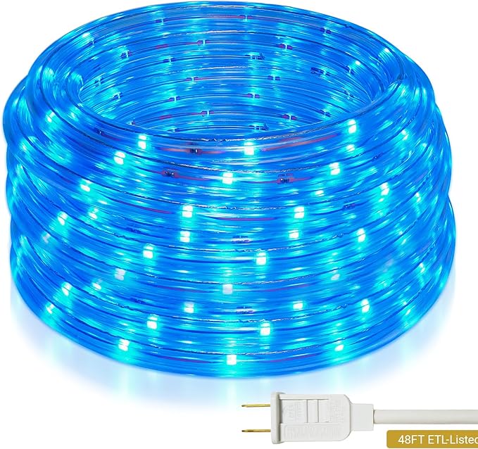 48ft Blue LED Rope Lights Outdoor Waterproof - 324 LEDs Christmas Rope Lights, 120V ETL Certified, Connectable to 192ft, w/24 Mounting Clips & Screws - Patriotic Porch Decor