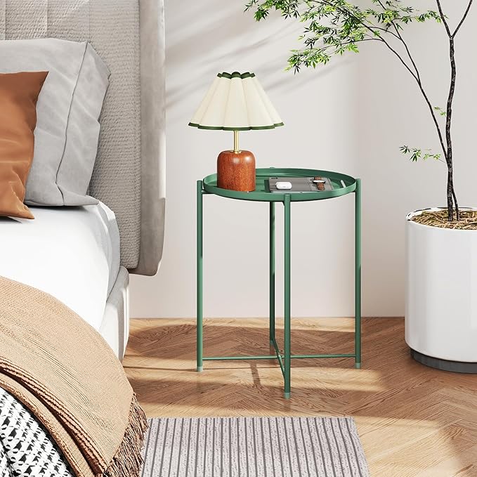 HollyHOME Round Metal Side Table, Outdoor Small Folding Accent Stand with Removable Tray, 17.72'' Portable End Table for Balconies, Gardens, Living Rooms and Bedrooms, Atrovirens