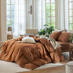 MooMee Bedding Duvet Cover Set 100% Washed Cotton Linen Like Textured Breathable Durable Soft Comfy (Solid Dark Orange, Full 80"x90")