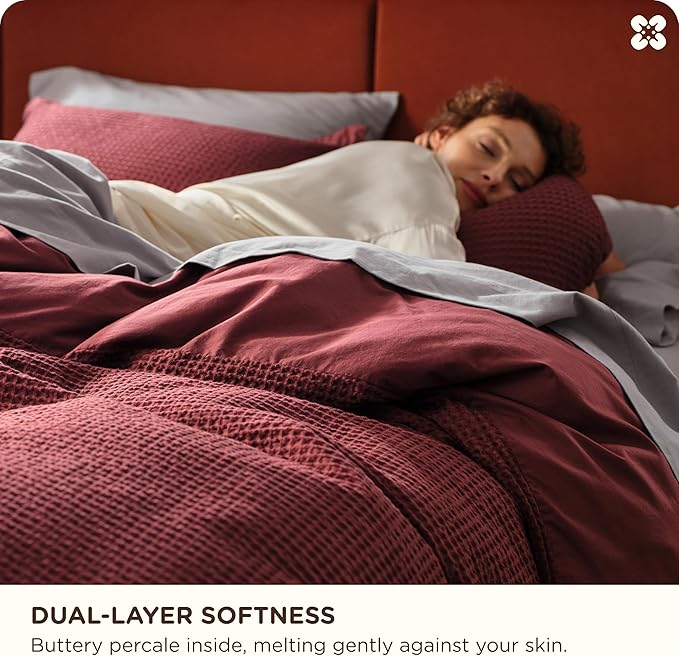 Bedsure Cotton Duvet Cover King - 100% Cotton Waffle Weave Maroon Red Duvet Cover King Size, GentleSoft™ and Breathable Bedding Set for All Season, 3 Pieces, 104"x90"