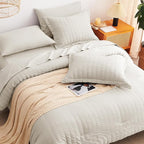 CozyLux Queen Comforter Set Beige Seersucker 7 Pieces Bed in a Bag Queen Comforter Set with Sheets, Luxury Soft Bedding Set with Down Alternative Comforter, Sheets, Pillowcases & Shams for All Seasons