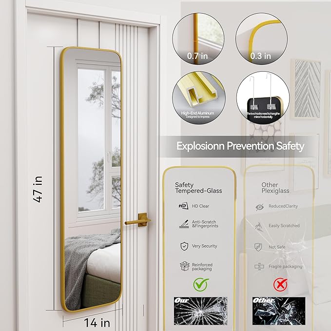 47x14 Mirror Rectangle Full Body Length Door Hanging Wall Mounted Aluminum Alloy Metal Frame Dressing Make-up Mirrors for Entryway Bedroom Bathroom Living Room 47 14 inch Gold