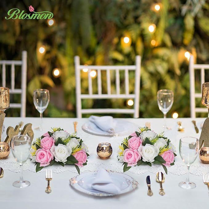 BLOSMON Flower Balls Rose Centerpieces: 2 Pcs Pink 9.5 Inch Fake Flowers Kissing Balls Decor Artificial Wedding Floral Arrangements Silk Flower Bouquet with Base Home Party Room Table DIY Decorations