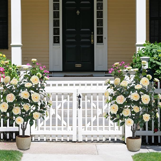 3.6FT Artificial Camellia Fake Tree, Artificial Plants & Flowers with 32 Yellow Pink Flowers for Door Front Decoration Porch Patio Living Room Office Indoor Outdoor Decor (2PCS Contains Dried Moss)
