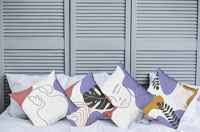 Ambesonne Minimal Throw Pillow Cushion Case Pack of 4, Modern Line Art Woman Portrait Contemporary Leafy Geometric Details, Modern Accent Double-Sided Digital Printing, 24", Lavender Amber Pale Rust