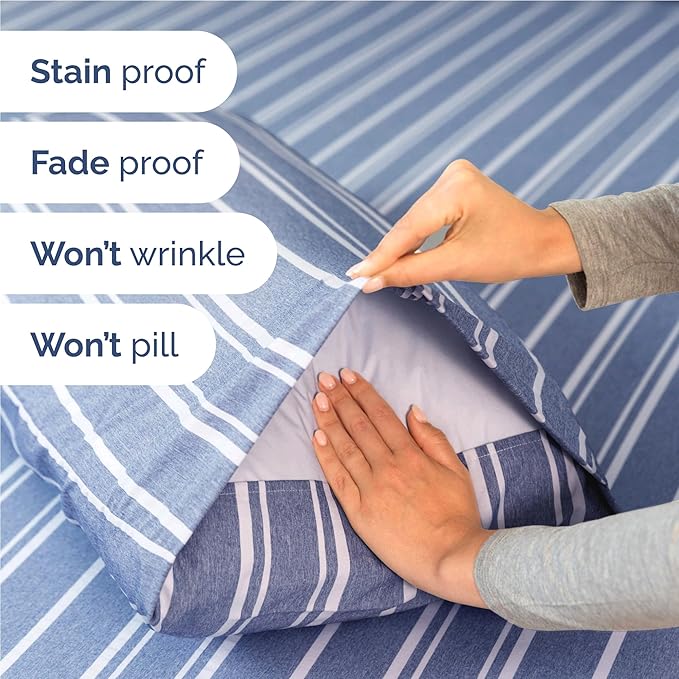 Twin XL 4 Piece Sheet Set - Comfy Breathable & Cooling - Soft Hotel Luxury Bedding Set with 8-16 Inch Deep Pockets - 1 Flat & 1 Fitted Sheet & 2 Pillowcases - Wrinkle Free & Easy Care - Blue Stripes 3