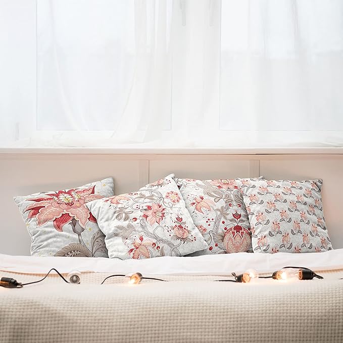 Ambesonne Vintage Throw Pillow Cushion Case Pack of 4, Ethnic Folkloric Flower Motifs in Neutral Tones Nostalgic Floral, Modern Accent Double-Sided Digital Printing, 24", Salmon Vermilion