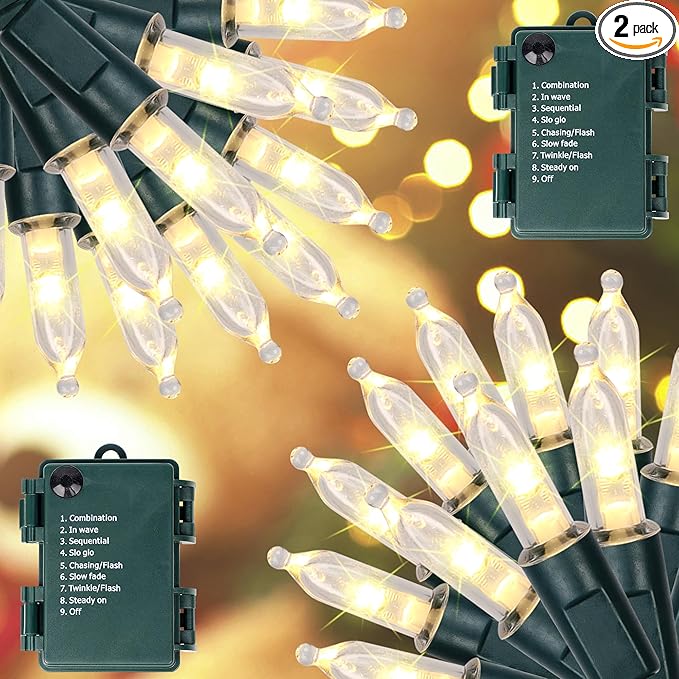 Blissun Christmas Lights, 50-Count Green Wire Light Set, Battery Operated Christmas Mini String Light with 8 Modes, 16 ft Fairy Lights for Christmas Tree Garden Wreath Decorations (2 Pack, Warm White)