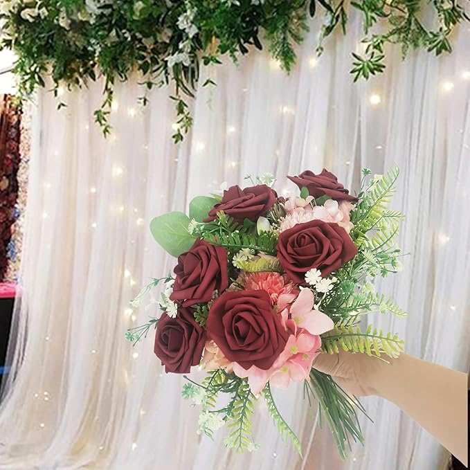 Artificial Flowers 25pcs Fake Roses, Burgundy Foam Rose Faux Flower for DIY Wedding Bouquets Bridal Shower Centerpieces Floral Arrangements Home Decorations Party Backdrops Table