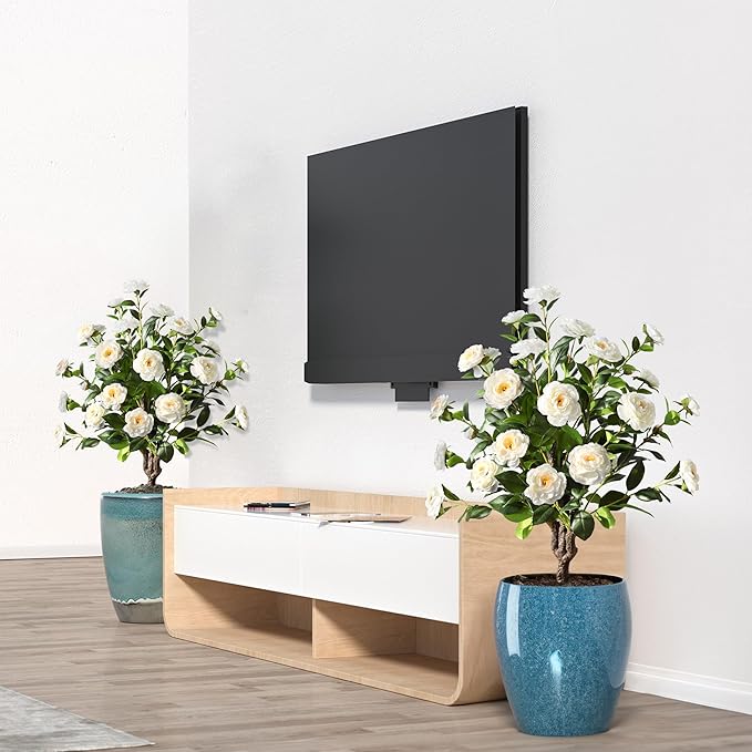 36''Artificial Camellia Tree, 2 Pack Soil Insertion w/Spike,Flower Plants, Faux Floral Plant Blooming Tree in Cement Pot, Greenery Potted Plant for Indoor Outdoor Office Home Porch Decor