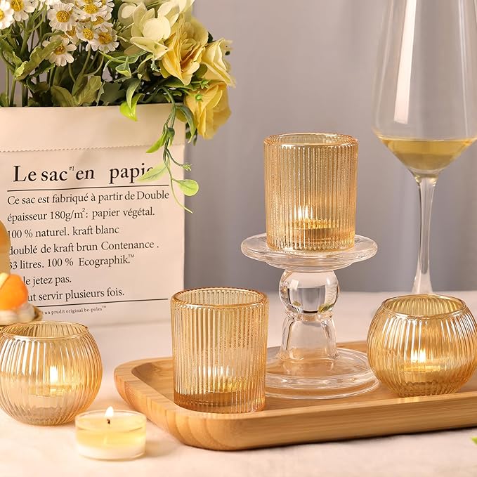 30pcs Assorted Ribbed Gold Votive Candle Holders, Gold Candle Holders for Wedding Table Centerpiece, Tea Light Candle Holder for Bridal Shower, Halloween, Christmas, Brithday and Holiday Decorations
