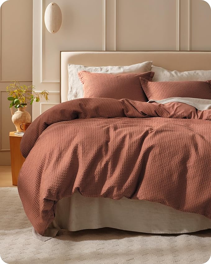 Bedsure Cotton Duvet Cover King - 100% Cotton Waffle Weave Burnt Orange Duvet Cover King Size, GentleSoft™ and Breathable Bedding Set for All Season, 3 Pieces, 104"x90"