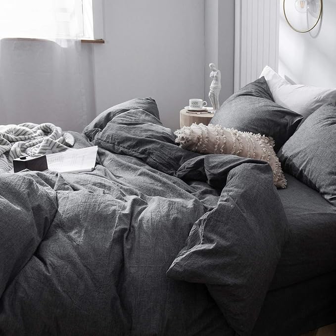 MooMee Bedding Duvet Cover Set 100% Washed Cotton Linen Like Textured Breathable Durable Soft Comfy (Heathered Dark Grey, Cal King 104"x98")
