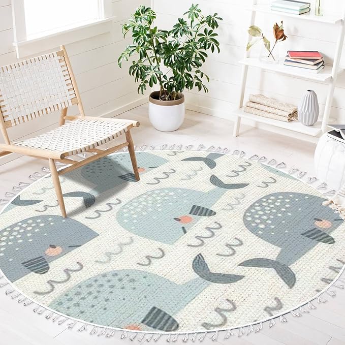 Round Boho Rug Pastel Colours Whale in The Waves Seamless Cute Ocean Creatures Area Linen Carpet Patio Hallway Runner Mat Pad Minimalist Home Decor for Living Room Outdoor, Multi, 3 ft