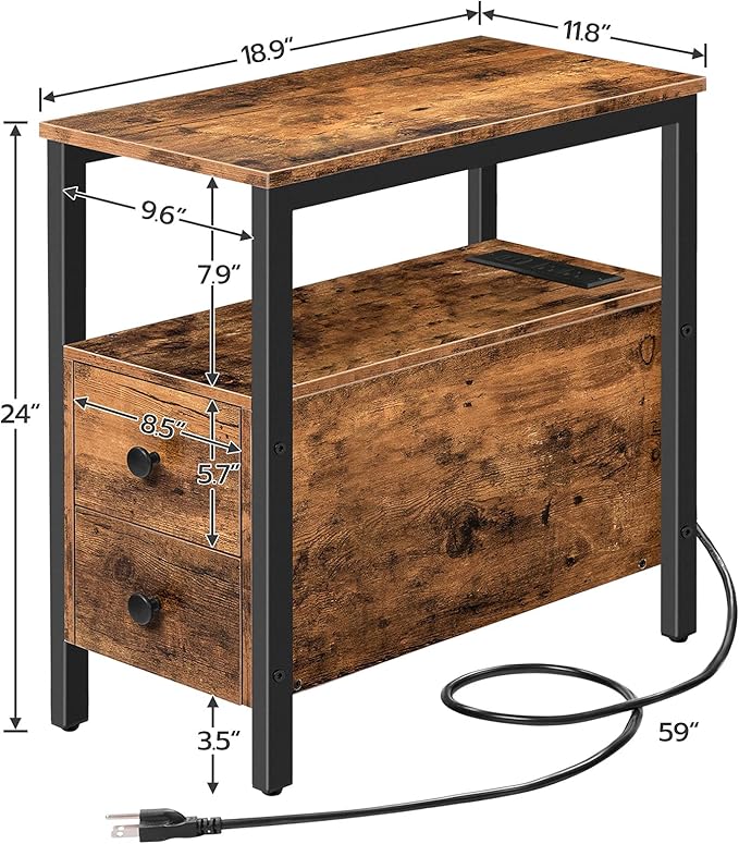HOOBRO End Table with Charging Station, Narrow Side Table with 2 Drawer & Power Outlets, Nightstand Small Spaces, Rustic Brown and Black BF541BZP201