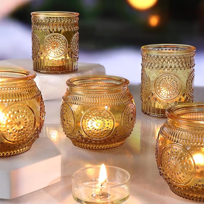 36 Pcs Amber Glass Candle Holders - Fall Votive Candle Holders for Party Decorations, Thanksgiving & Christmas Table Centerpieces