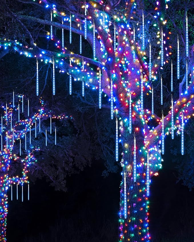 Joomer 2Pack Christmas Lights Outdoor, 11.8 inch 10 Tubes 240 LED Meteor Shower Lights, LED Falling Icicle Cascading Light with Timer Waterproof and Connectable for Christmas Decoration (Blue)