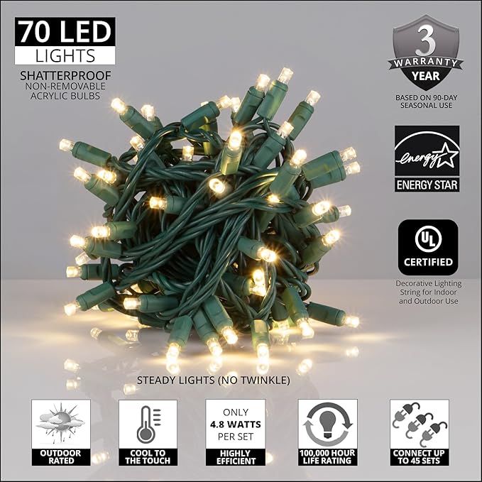 5mm LED Wide Angle Warm White Prelamped Light Set, Green Wire - 70 5mm Warm White LED Christmas Lights, 6" Spacing