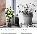 Artificial Camellia Tree 2 Pack, Artificial Plants Outdoor Faux Floral Plant in Cement Pot Fake White Silk Camellia Tree Plants for Home House Living Room Office Decor (White)
