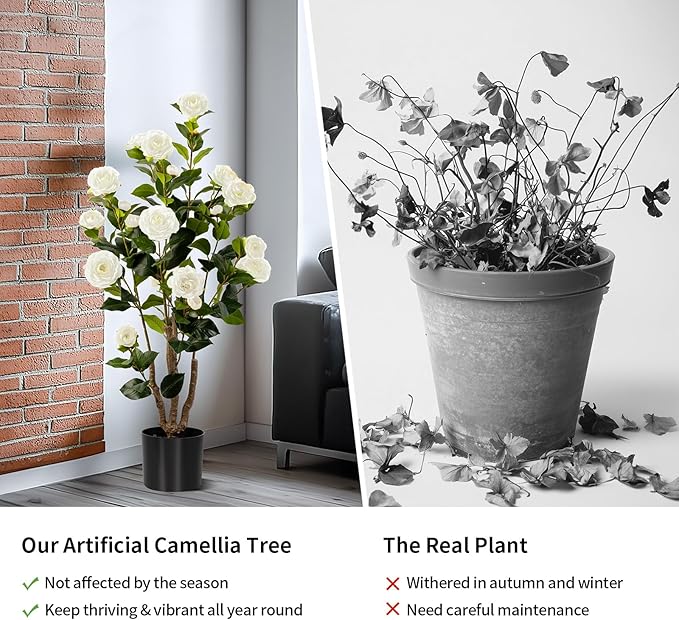Artificial Camellia Tree 2 Pack, Artificial Plants Outdoor Faux Floral Plant in Cement Pot Fake White Silk Camellia Tree Plants for Home House Living Room Office Decor (White)