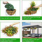 Artificial Hanging Plants Flowers with Basket for Spring Summer Outdoor Decoration, Yellow Purple Pink Red