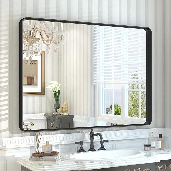 44x30 Inch Black Metal Framed Bathrrom Mirror for Wall, Black Rounded Rectangle Mirror, Matte Black Bathroom Vanity Mirror, Anti-Rust, Tempered Glass, Hangs Horizontally or Vertically