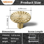 Brushed Gold Cabinet Knobs 10 Pack Round Sunflower Dresser Drawer Hardware Furniture Cupboard Handles for Bathroom Single Hole Knob Kitchen SH-BG-K10