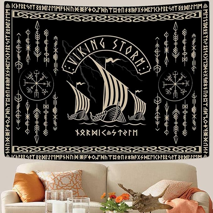 OSUNBD Viking Warship Tapestry Wall Hanging - Small 60x51inches Storm & Celtic Runes on Soft Flannel Aesthetic Mythology Tapestries Norse Mythology Art for Bedroom, Living Room Decor