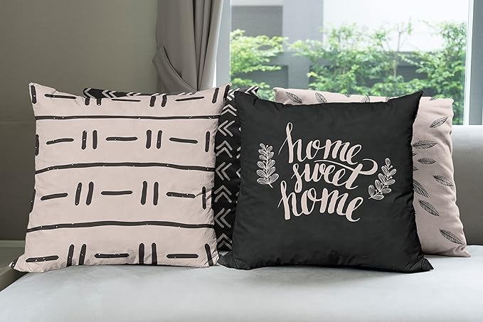 Ambesonne Modern Throw Pillow Cushion Case Pack of 4, Scandinavian Minimal Ornaments Boho Feather Leaves and Home Phrase, Modern Accent Double-Sided Digital Printing, 18", Pale Tan and Charcoal Grey