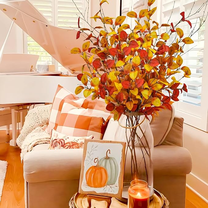 4pcs Artificial Fall Eucalyptus Leaves Stems, 27" Fall Flowers Eucalyptus Leaves Branches Faux Fall Leaf Spray Fall Decorations for Home Floral Arrangement Autumn Table Centerpiece