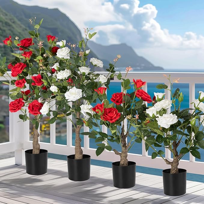 Artificial Rose Flower Trees 2 Pack- 24’’ Lifelike Plant in Pot with White Flowers Decorative Rose Trees for Home, Office, Wedding, and Event Decor, White