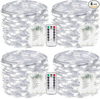 4-Pack Fairy Lights Battery Operated with Remote, Waterproof 33FT 100 LED Battery String Lights Outdoor Indoor, 8 Modes Twinkle Lights with Timer for DIY Home Centerpiece Christmas Decor (Cool White)