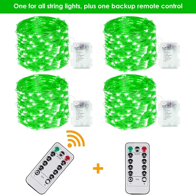 4 Pack 100 LED Fairy Lights Battery Operated with Remote, 33FT Waterproof Twinkle Lights with Timer & 8 Modes, Fairy String Lights Outdoor Indoor for Bedroom St Patrick's Day Decor (Green)