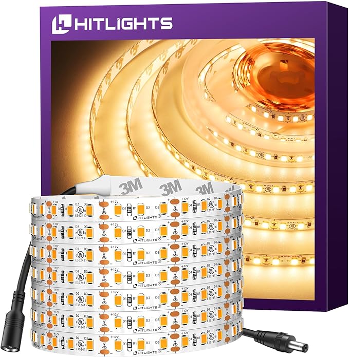 HitLights LED Strip Lights Warm White 3000K, 16.4ft High Density Tape Light, UL-Listed, 600 LEDs, 300Lm/ft, 12V Flexible Dimmable Rope Lights for Bedroom, Kitchen, Cabinet (Power Source Not Included)
