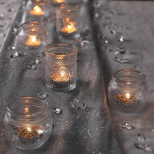 12pcs Clear Assorted Votive Candle Holders for Table Centerpieces, Glass Tea Lights Candle Holder for Wedding Decorations, Vintage Boho Home Tea Party Decor, Sunflower Decorations