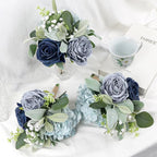 Artificial Bridesmaid Bouquets - Set of 4 Silk Rose Flowers Bouquet Wedding Rustic Small Floral Centerpieces for Marriage Proposal Party Anniversary Dining Table Decorations - Blue,7 Inch